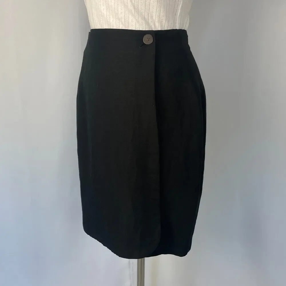Vintage Pencil Skirt Size 6 Black Solid Faux Wrap Linen Minimal Academia Preppy